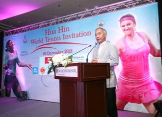 Suwat Lipatapanlop, President of the Lawn Tennis Association of Thailand, addresses a press conference to announce the end of year challenge match between Serena Williams and Victoria Azarenka.